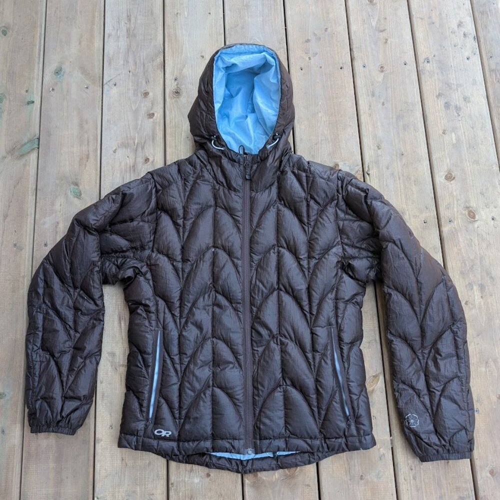Outdoor Research Brown and Blue Down Puffer Jacket Women Size Medium